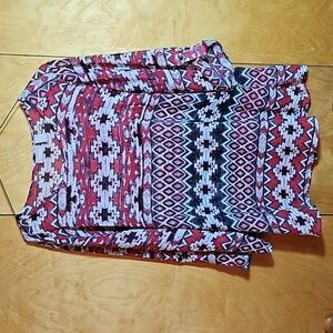 Chico's Women's  Red Aztec Print Roll Tab Sleeve Top Sheer Blouse Size 2